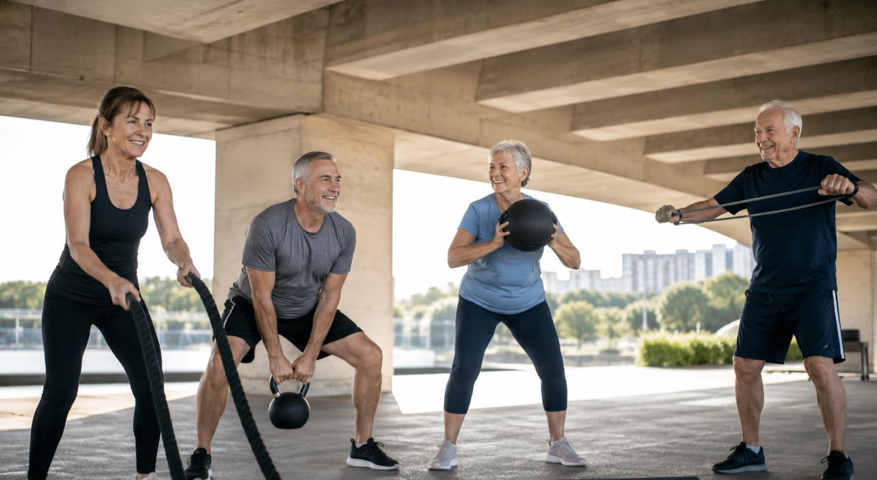 Manos sosteniendo una kettlebell en sesión guiada